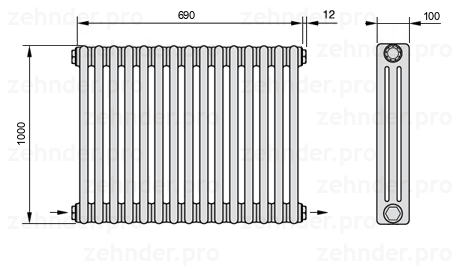 Схема (чертеж) Радиатор Zehnder Charleston 3100/15 №2670 Белый глянцевый RAL 9016